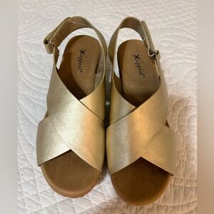 Xappeal Metallic Gold Cross Strap Wedge Sandals